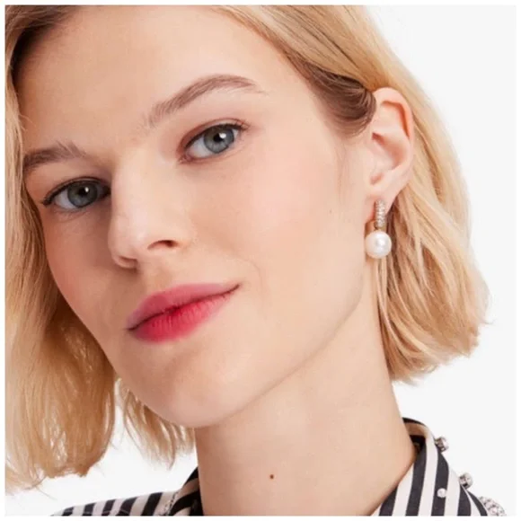 KATE SPADE • Gold Showtime Crystal Drop Huggies Hoop Pearl Earrings - Picture 2 of 4